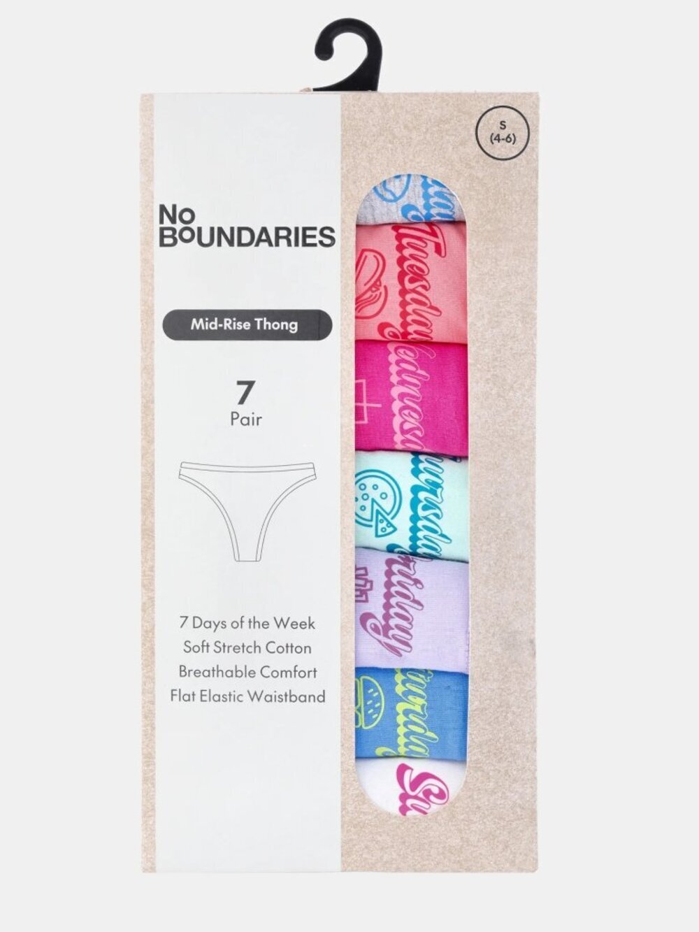No Boundaries Women's Thong 7 Pack Days of Week Cotton Mid-Rise Size S/XL/XXXL